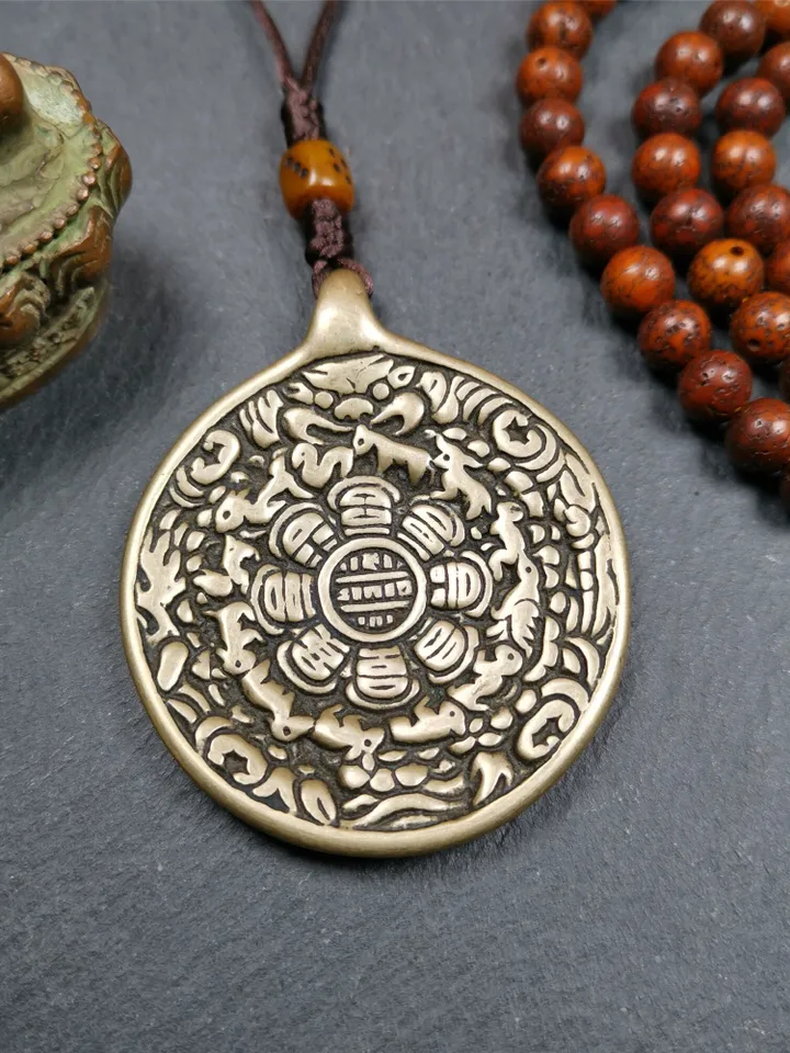 Gandhanra Antique SIPAHO(srid pa ho) Amulet, Tibetan Buddhist Astrology Calendar Badge,12 zodiac Melong Mirror, Jiugong Bagua,30 Years Old
