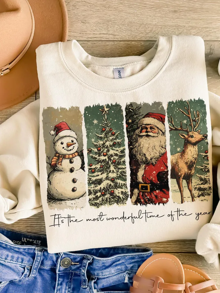 It's the most wonderful time of the year png, Santa Claus png, Vintage Christmas png, Christmas Coquette bow png, Reindeer snowman png