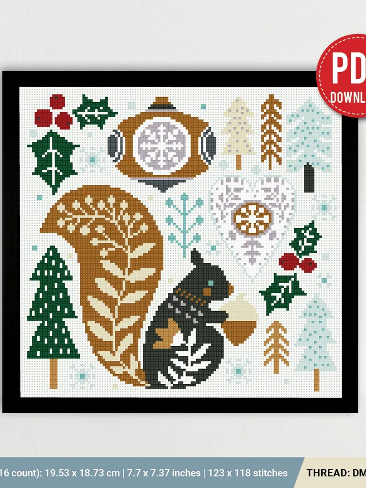 Scandinavian Christmas Bundle stitch pattern squirrel ornament New Year decor cross stitch pattern counted DIY embroidery instant PDF
