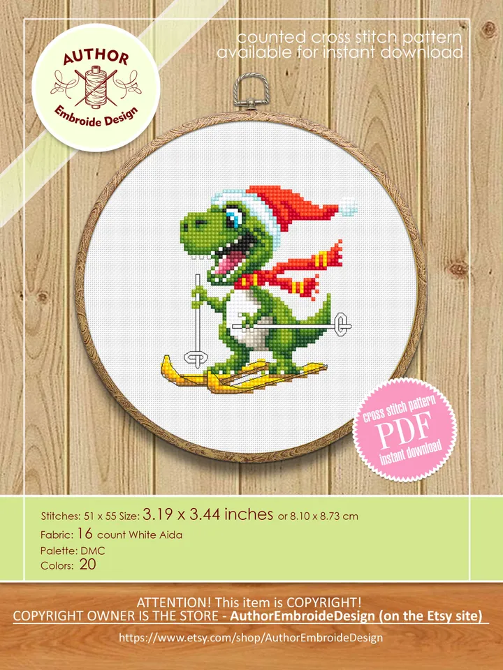 Funny dinosaur christmas cross stitch pattern PDF download, Set of 2 dinosaur cross stitch chart, Dino pattern digital PDF, Poinsettia #N114