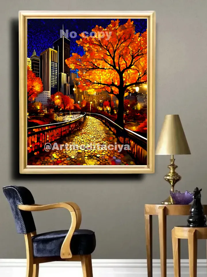 Modern digital painting "Autumn New York" is an abstraction of the night city in a bronze-gold shade with gray-blue, yellow-orange black inclusions in the Zenart style, pointillism, interior painting
