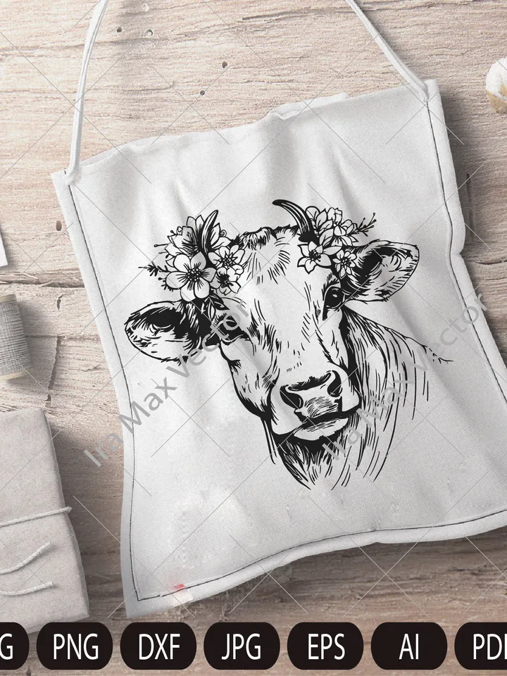 Cow SVG file, Cow with Flower Crown SVG, Cow cut file, Animal Face, Floral Crown, Cow with Flowers on Head, Cute Cow svg, Farm Animals, Barn