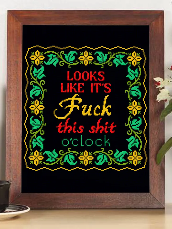 Framed quote cross stitch pattern download PDF, Looks like it is fuck this shit Floral frame cross stitch, Flower border cross stitch #Q13