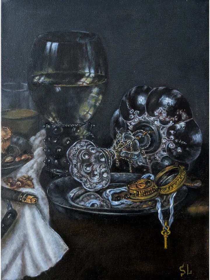 Oil Painting Still Life with Wine Glass, Pie and Antique Clock Original Art 16x12 inches