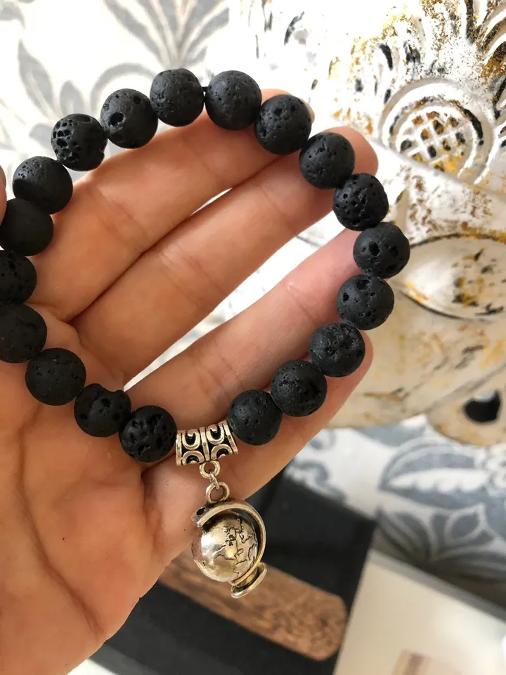 Lava Stone Globe Pendant woman handmade beaded bracelet | Gift for travellers | Spinning Pendant Jewerly | Bali Lava Jewerly Bracelet