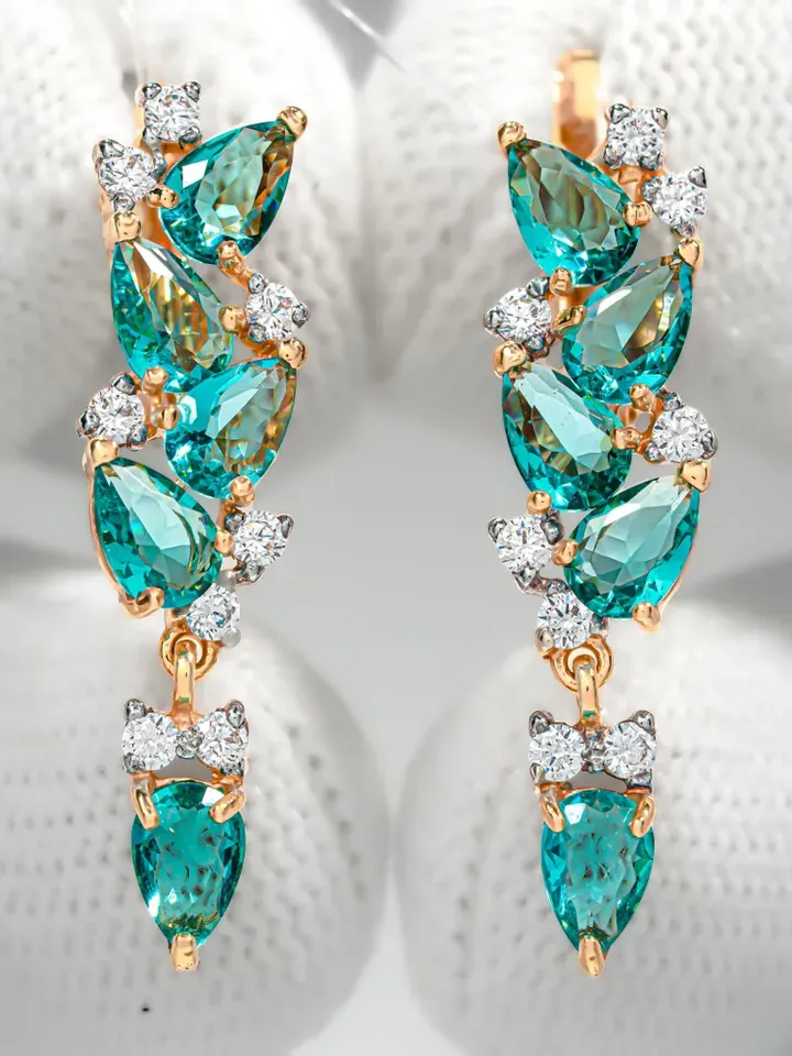 Earrings jewelry Silver gold plated 925 assay value with paraiba and cubic zirconia
