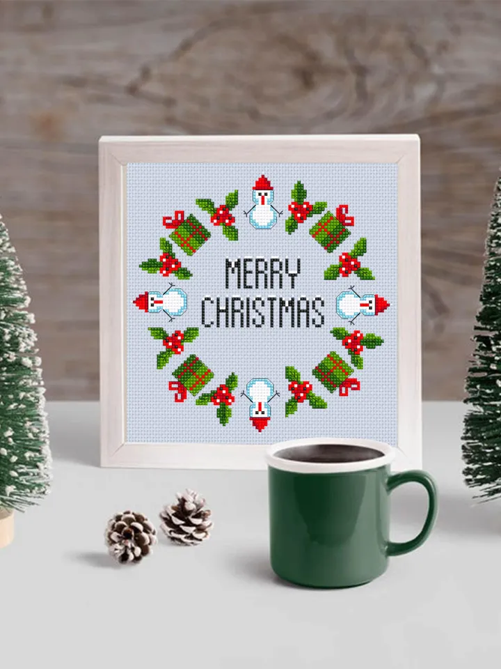 Snowman wreath cross stitch pattern download PDF Merry Christmas cross stitch chart Small Snowman pattern digital, DIY Christmas decor #N42
