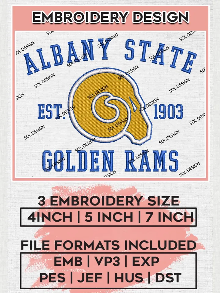 NCAA Albany State Golden Rams Team Est 1903 Logo Embroidery Design Files, NCAA Albany State Golden Rams Machine Embroidery, NCAA Teams, 3 sizes, NCAA Machine embroidery designs, Digital Download
