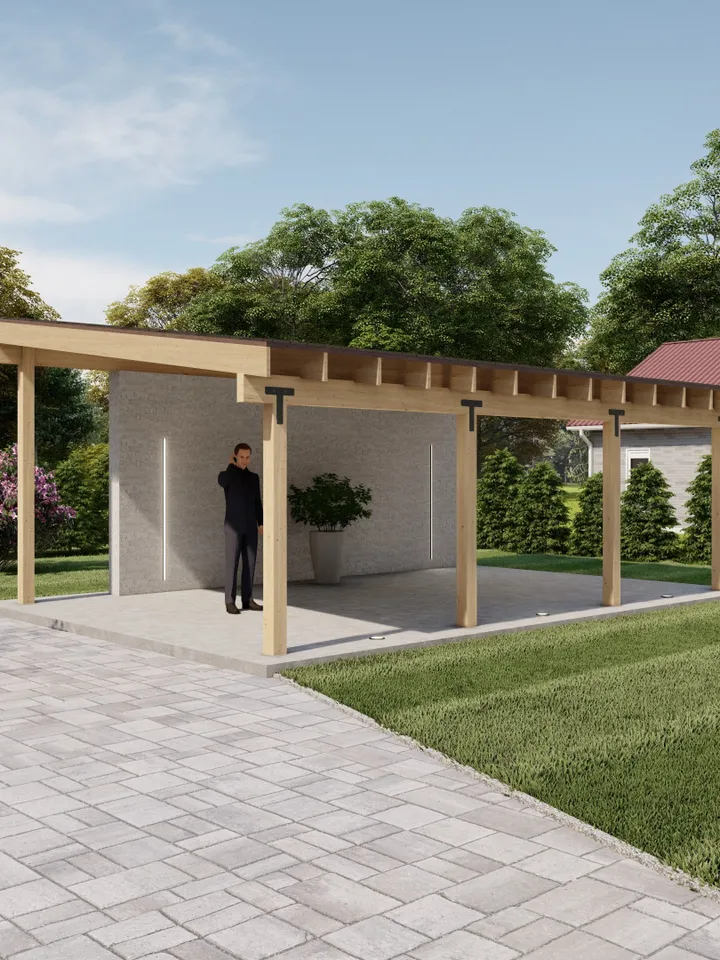16x24 Lean to Pavilion Plans with Concrete Wall, Modern Carport ,Canopy Blueprints