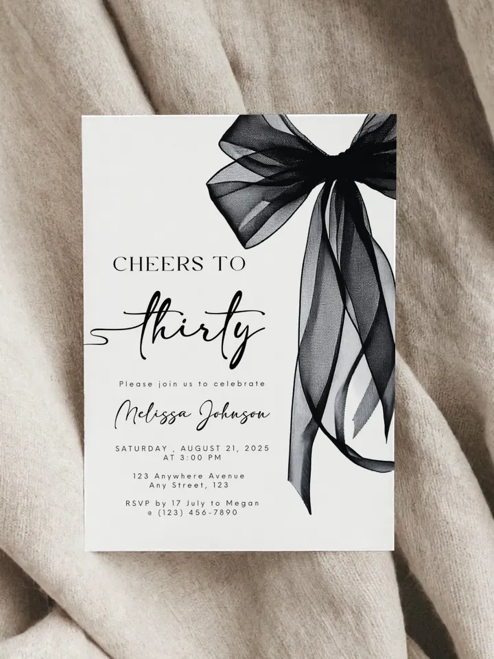 Coquette Black Bow 30th Invitation, Editable Thirtieth Birthday Party Invite, DIY Digital Black Ribbon, Cheers to Thirty Invite