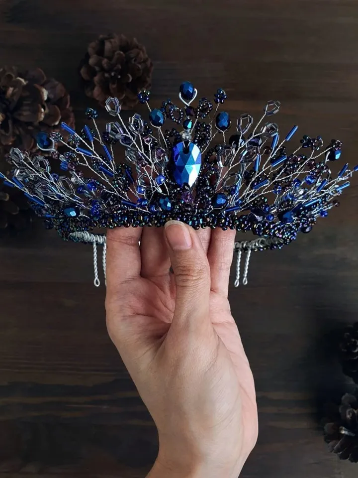 Dark blue crown, blue silver diadem, Dark blue tiara, Blue wedding accessories