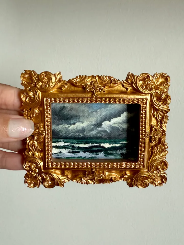 Small Landscape Acrylic Painting Framed Original Stormy Coast Painting Antique Ocean Art Gold Frame Tiny Paintings 3 x 4 Wave Art