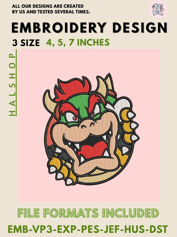 Paper Bowser Machine Embroidery Design – Super Mario Villain Digital Embroidery File 🐢🔥