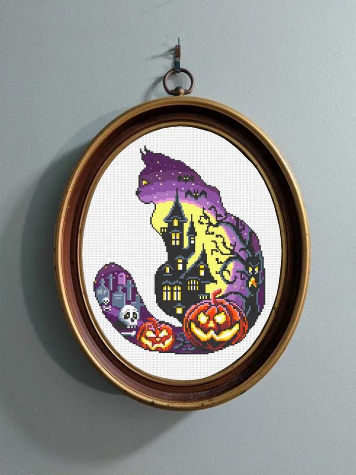 Halloween cat cross stitch pattern PDF download Haunted house cross stitch chart, Halloween pattern digital PDF, Spooky cross stitch #S52