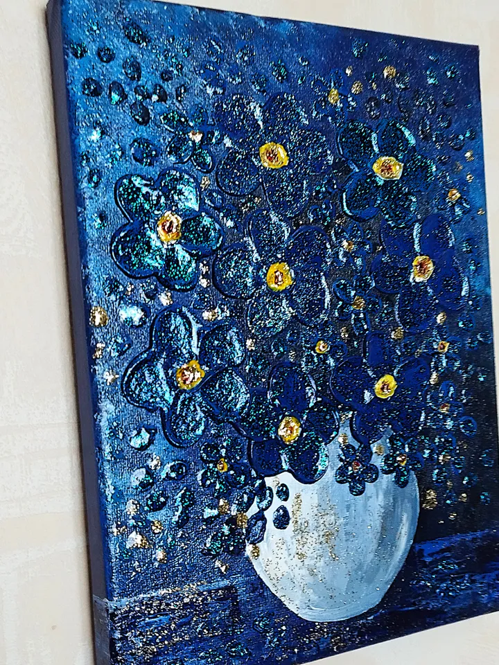Flower Bouquet Blue Textured Painting Wall Decor