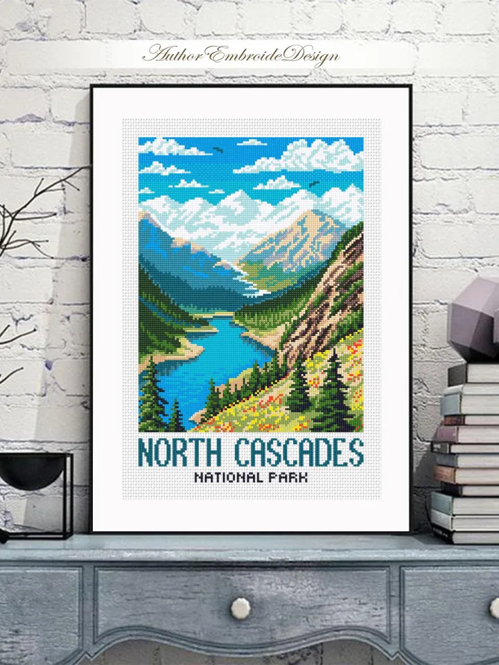 North cascades national park cross stitch pattern PDF download Travel poster cross stitch chart, Mountain landscape pattern digital PDF #L97