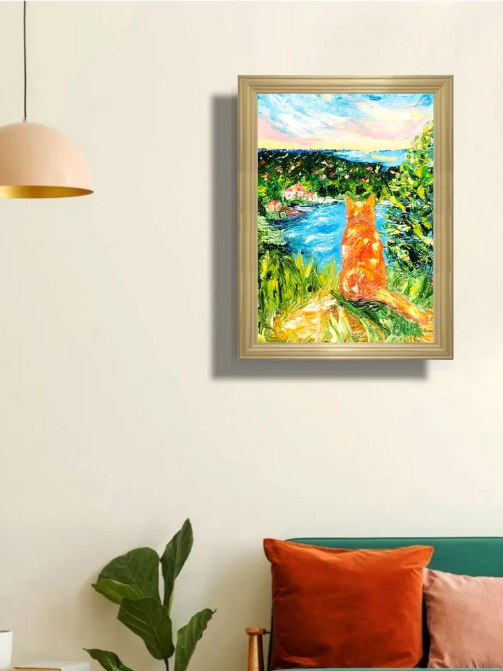 Textured oil painting "A red cat above eternal rest", 15x20*0.2 cm., 5,906x7,87 inches, 3d, impasto