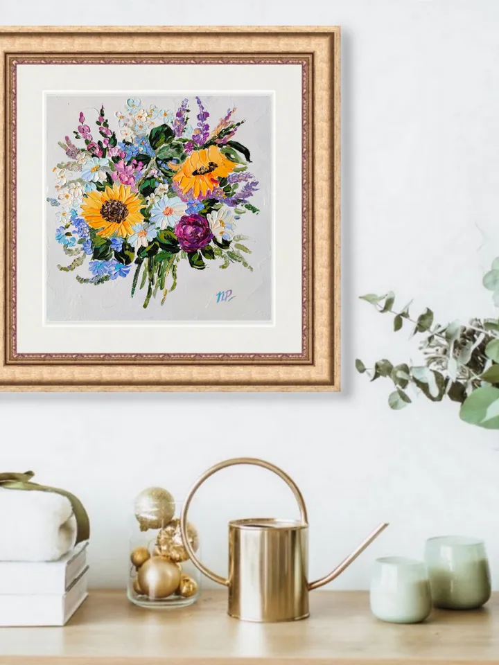 Sunflower painting Flower Original Art 10 by 10 inches Floral Artwork impasto oil painting art by Natalia Plotnikova