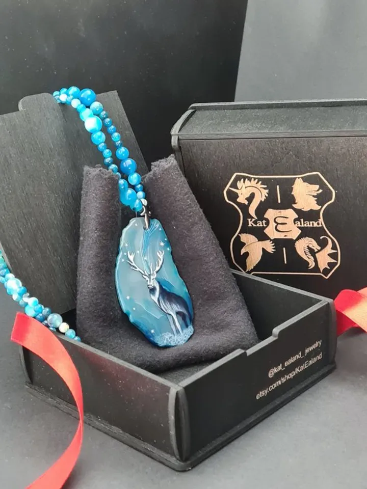 Deer necklace Agate necklace Real oil painting of deer Lacquer miniature
