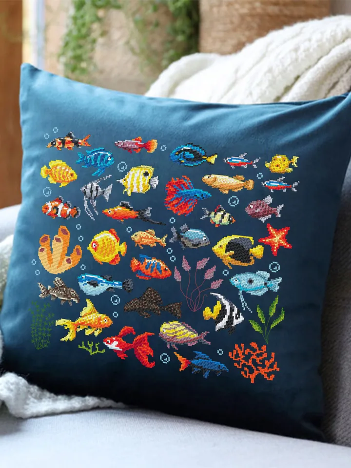 Aquarium fish cross stitch pattern PDF download Fishes sampler cross stitch, Tropical fish pattern digital PDF, Fish needlepoint canvas #K36