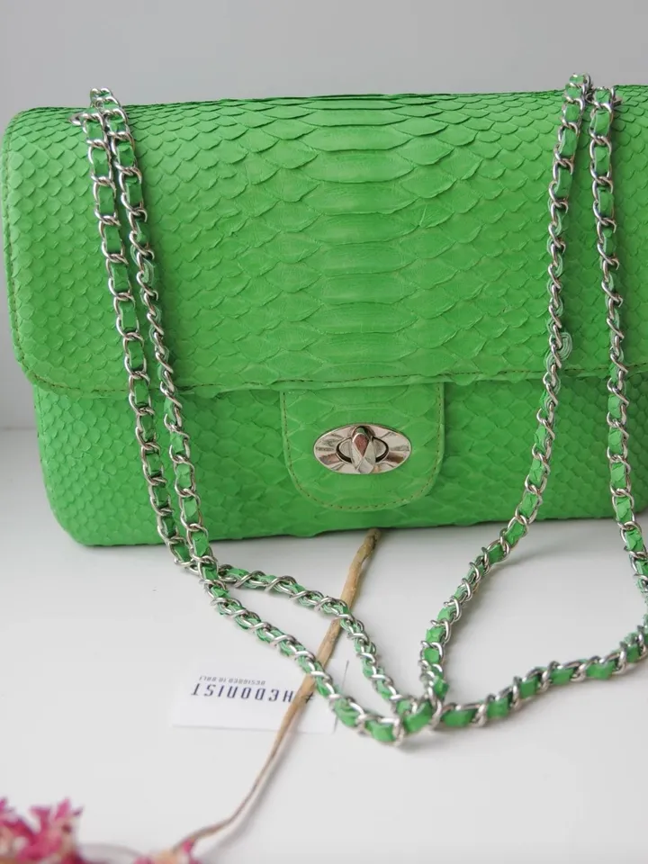 Genuine python skin maxi crossbody bag green colour big, summer big chain crossbody, elegant classy crossbody bag genuine leather summer