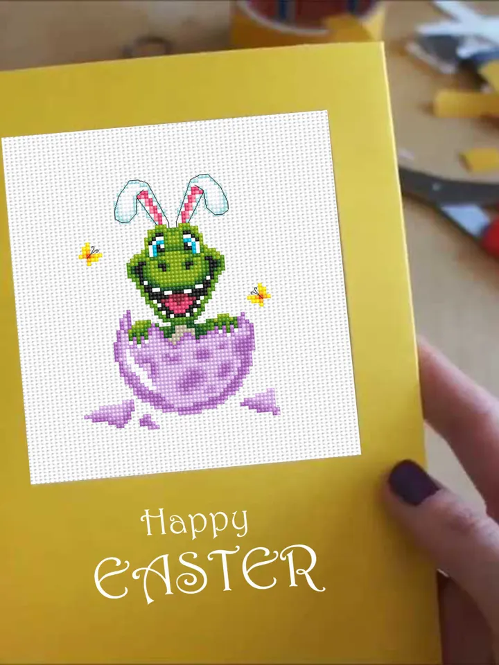 Funny dinosaur easter cross stitch pattern PDF download, Set of 2 small dinosaur cross stitch chart, Cute dino pattern digital PDF #T29