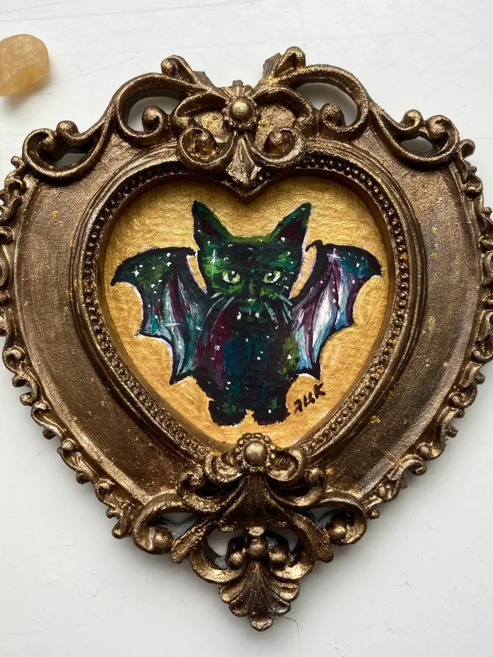 Bat Painting Small Framed Art Goth Painting Bat Gifts, Mini Gold Framed Decor, Cat Bat, Black Cat Art, Tiny Art Whimsigoth Decor