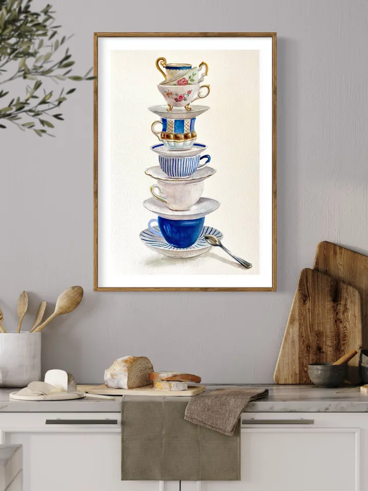 Tea Cups Original Watercolor Painting Kitchen Wall Art Tea Lover Gift Stack Of Cups Tea Cup Blue White Still Life Tea Lovers Watercolor Art