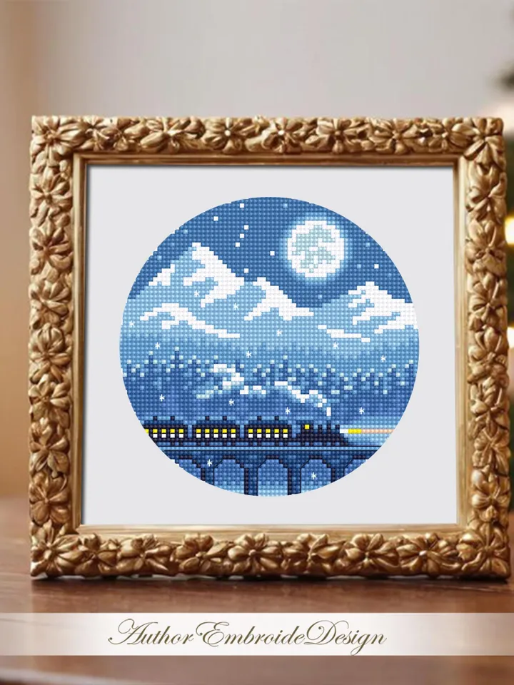 Winter mountain landscape cross stitch pattern PDF download Night train cross stitch Small pattern digital PDF Old train bridge viaduct #L93