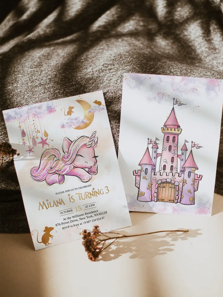 Unicorn Birthday Invitation Editable Unicorn Party Invitation Magical Day is on the Way Magical Birthday Girl Pink Rose Gold Invitation; uc1