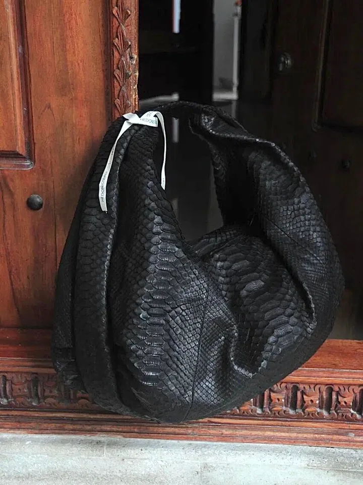 Big Soft Hobo Classy Sport Woman Bag | Purse Genuine Python Skin | Reptile Skin Products | Black Big Elegant Leather Designer Soft Bag Snake