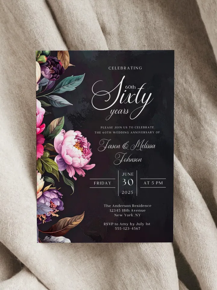 60th Anniversary Party Invitation, 50th, 40th, 30th, 20th, Moody Burgundy & Blush Peony Floral Canva Template 5x7 birthday evite