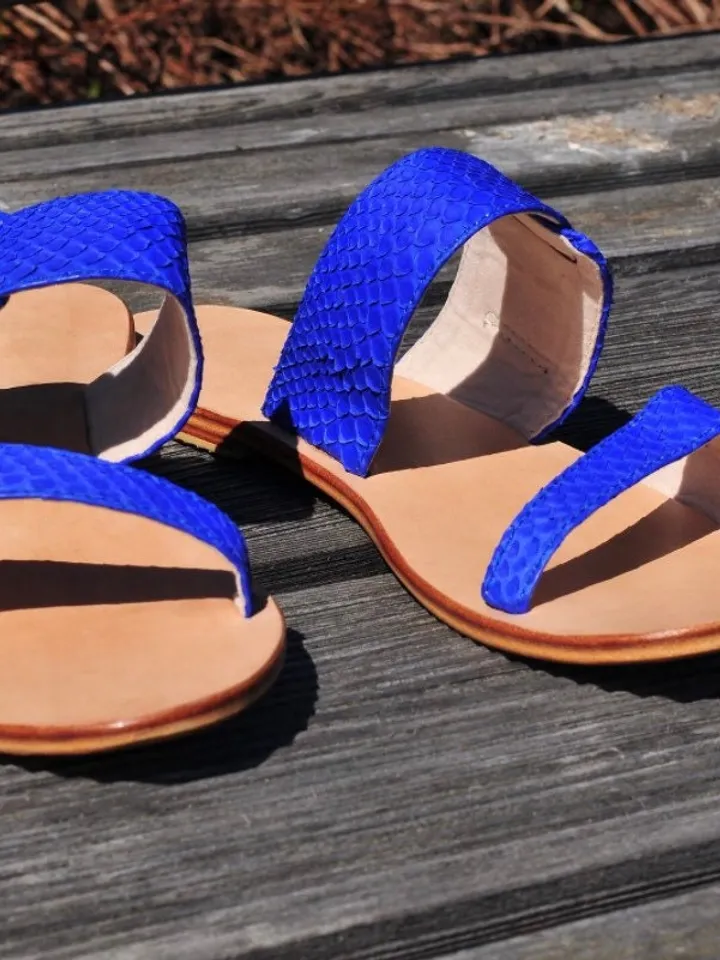 Genuine Python Skin and Genuine Lether Bright Blue Sandal | women shoes | Handmade shoes | women summer sundal | Exotic leather shoes