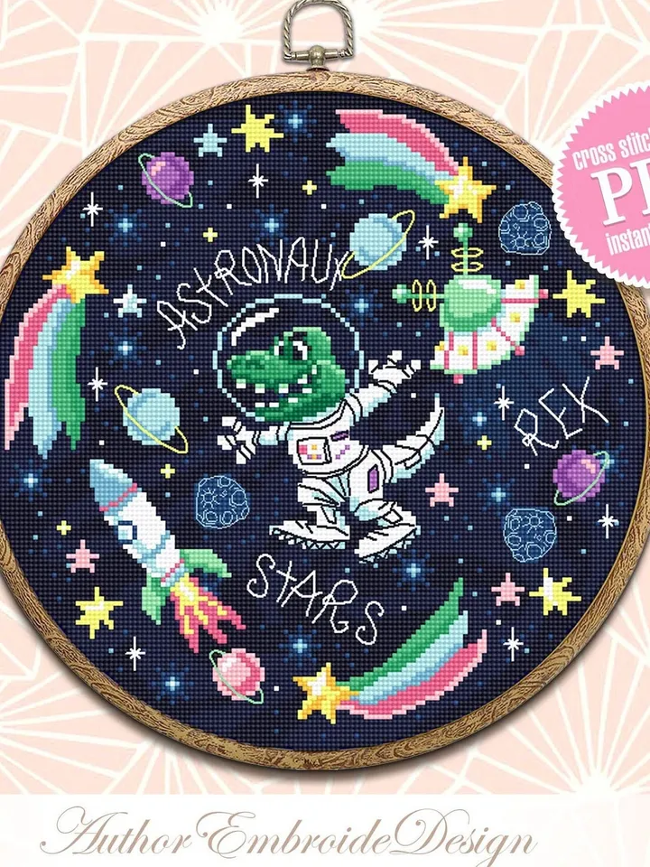 Space dinosaur cross stitch pattern PDF download Funny tyrannosaurus rex in space cross stitch chart, Astronaut dinosaur embroidery PDF #K58