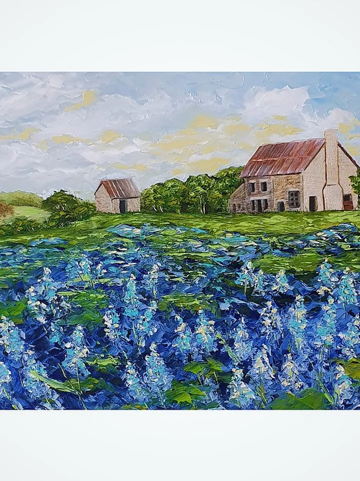 Bluebonnet Painting Farm Original Art Landscape Artwork Impasto Oil Painting