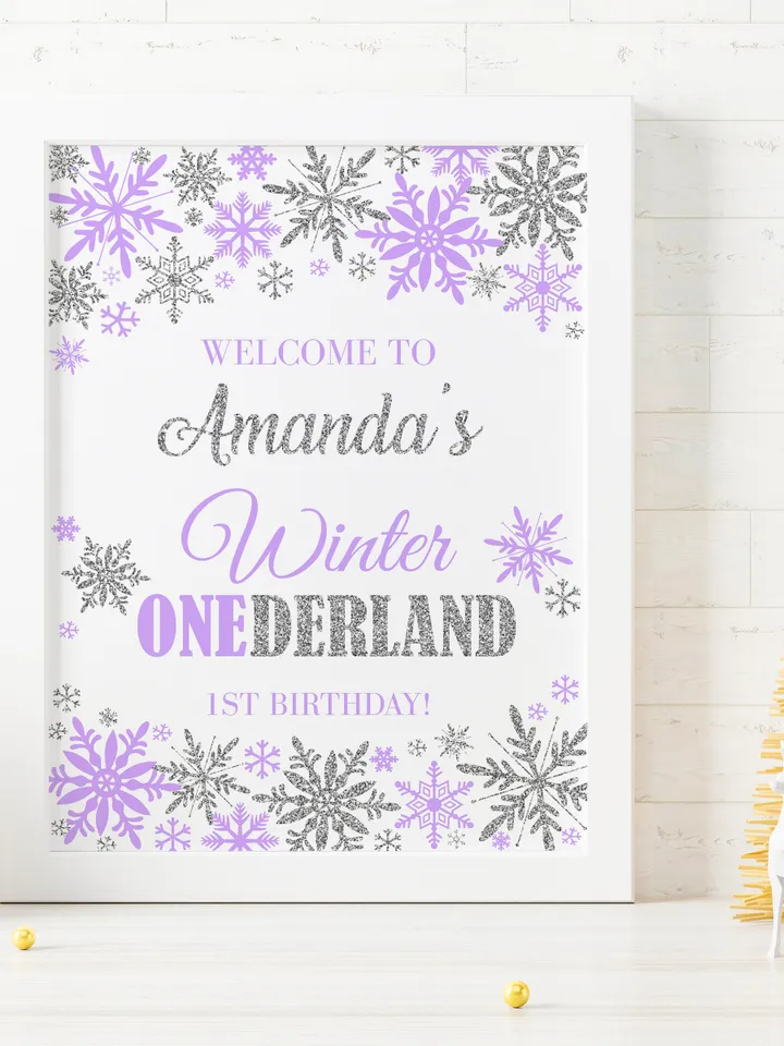 Winter Onederland Welcome Sign Purple Silver Winter Onederland 1st Birthday Girl Decorations, Snowflake Birthday Sign, Editable Template