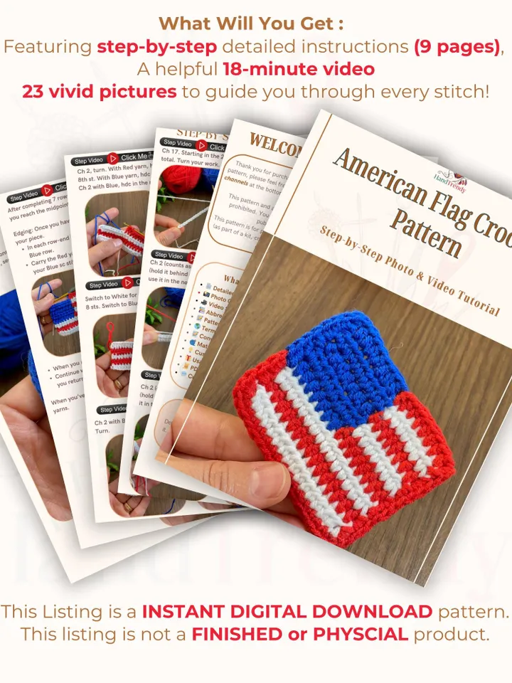 American Flag Crochet Pattern, USA Flag Applique PDF, Patriotic Crochet Square, DIY Independence Day Decor, Handmade 4th of July Craft