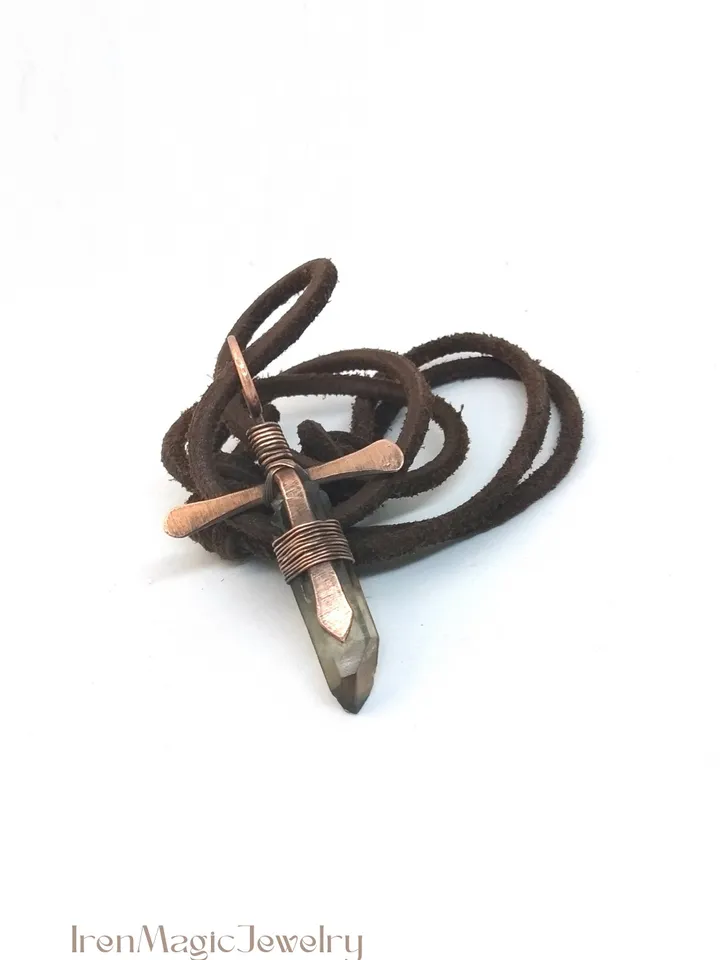 Copper Cross Pendant with Smoky Quartz Crystal