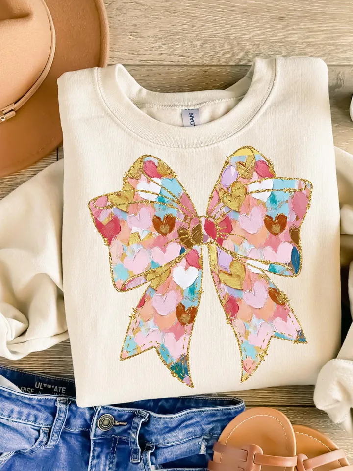 Colorful Coquette gold glitter bow png girls easter coquette design dtf easter girls png kids spring design bow acrylic brushstroke