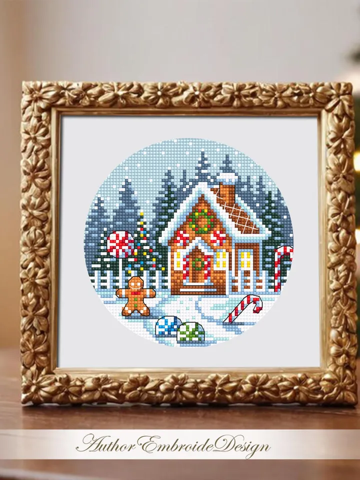 Gingerbread house cross stitch pattern PDF download Snow winter landscape cross stitch chart Christmas gingerbread pattern digital PDF #N185