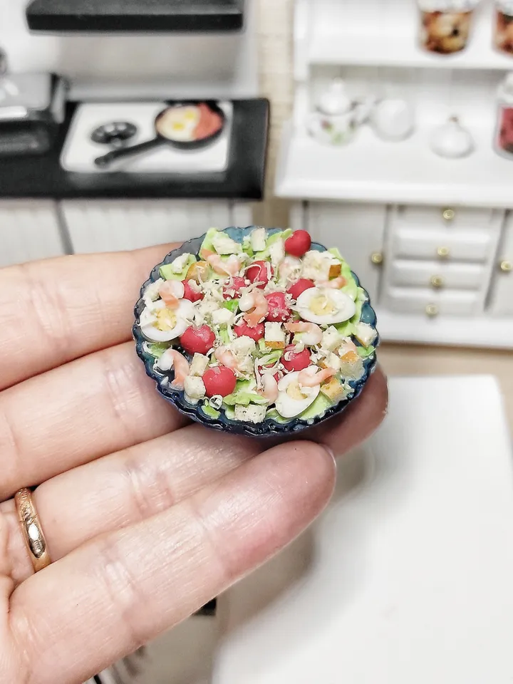 Realistic Caesar salad with shrimps - realistic salad - doll food - barbie food - food for dolls - miniature - mini food