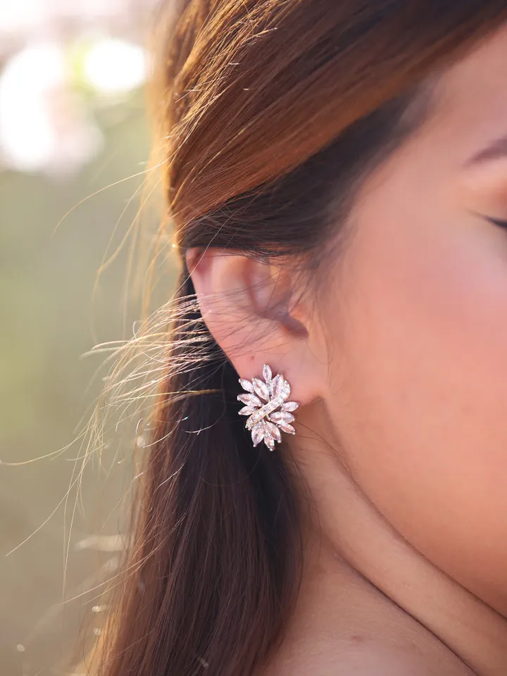 Silve, Gold, Rose Gold Leaf Wedding Earrings, Swarovski Crystal Flower Bridal Earrings, Floral Statement Wedding Jewelry, Minimalist Jewelry