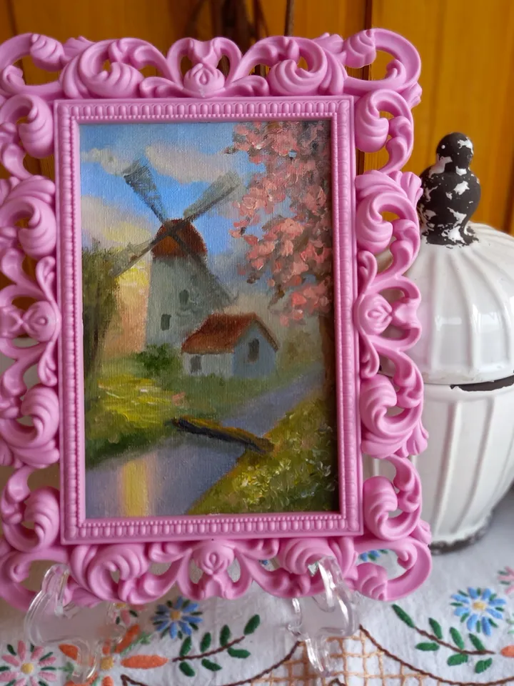 Windmill landscape original oil painting 10x15 cm in a frame