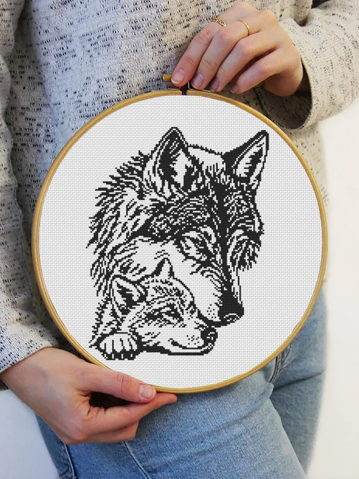 Mom and baby wolf cross stitch pattern PDf download Monochrome wolf silhouette cross stitch chart, Wolf pattern digital PDF, Home decor #K51