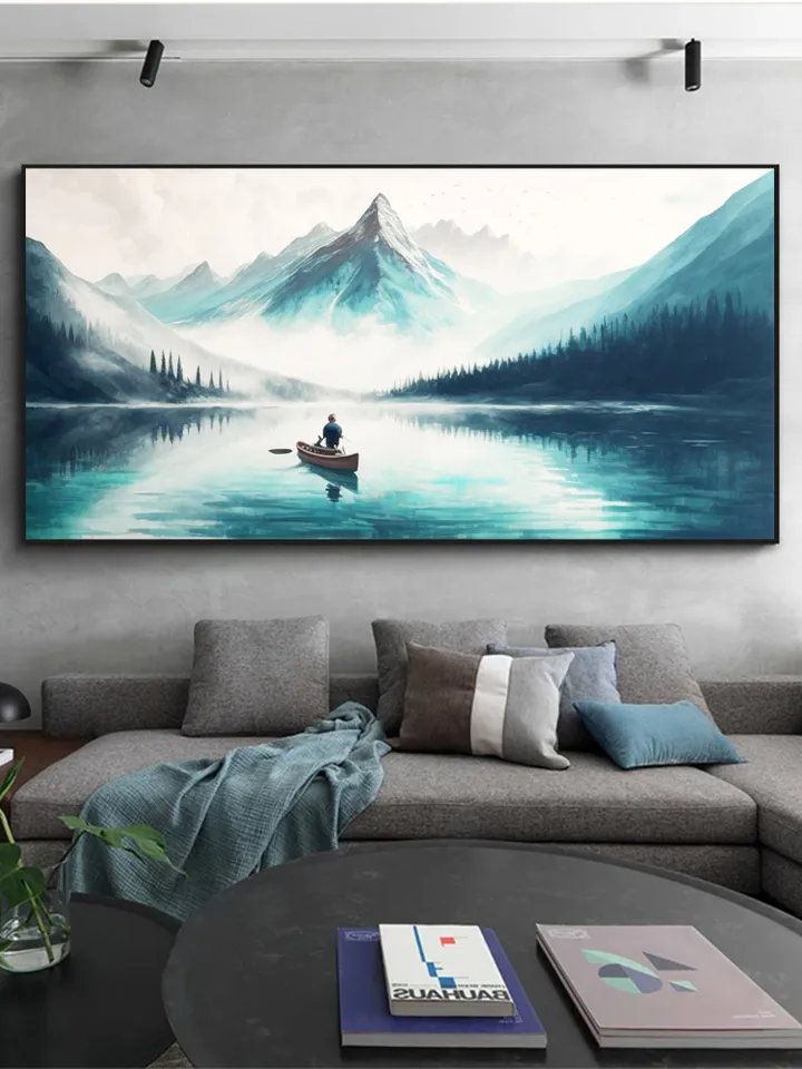 Original Landscape Oil Painting On Canvas, Abstract Snow Mountain Painting, Lake View Art, Boat Painting, Large Wall Art, Living room Decor