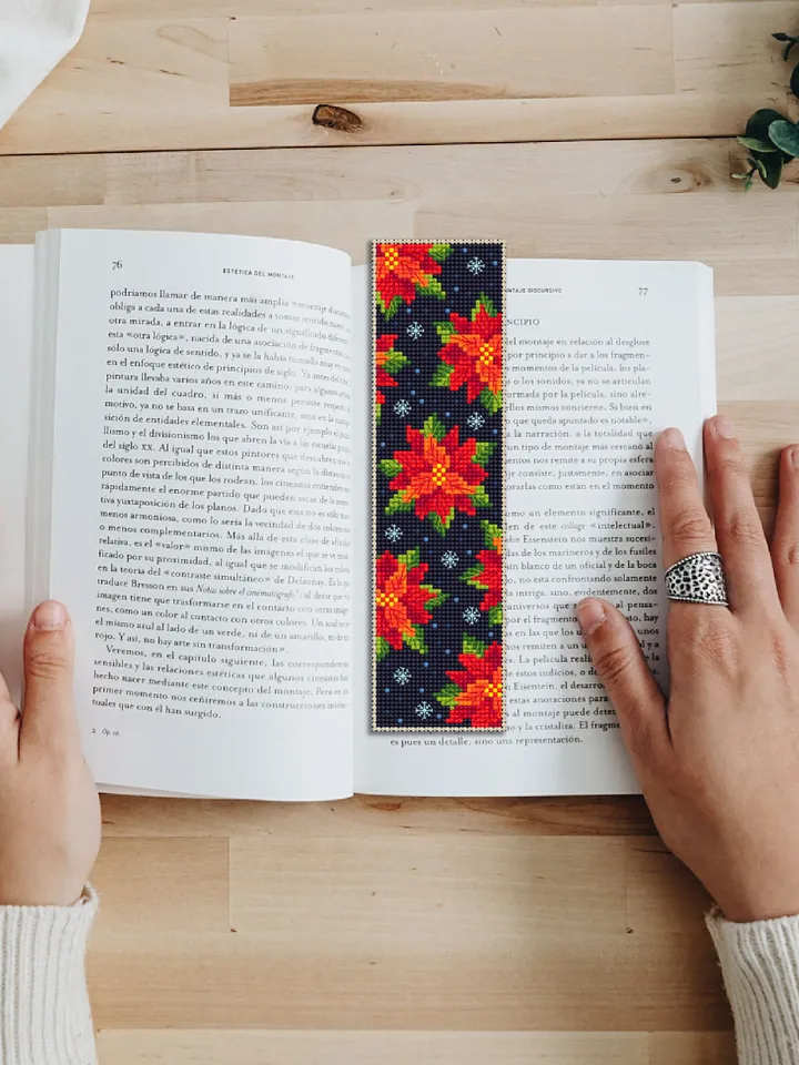 Christmas bookmark poinsettia cross stitch pattern PDF download Modern handmade bookmark digital PDF, Winter flower cross stitch chart #B227