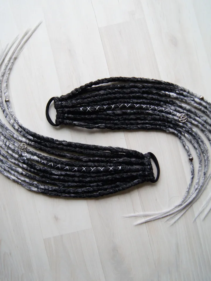 Dreads on hair tie Ponytail Black to Gray Synthetic Dreadlock Extensions Witch Goth hair Locks on elastic band