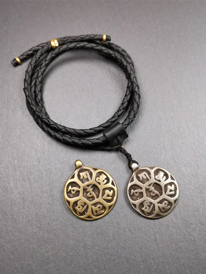 Gandhanra Handmade Tibetan Buddhist Amulet,Om Badge Pendant, Mantra of Om Mani Padme Hum, Made of Brass,1.26"