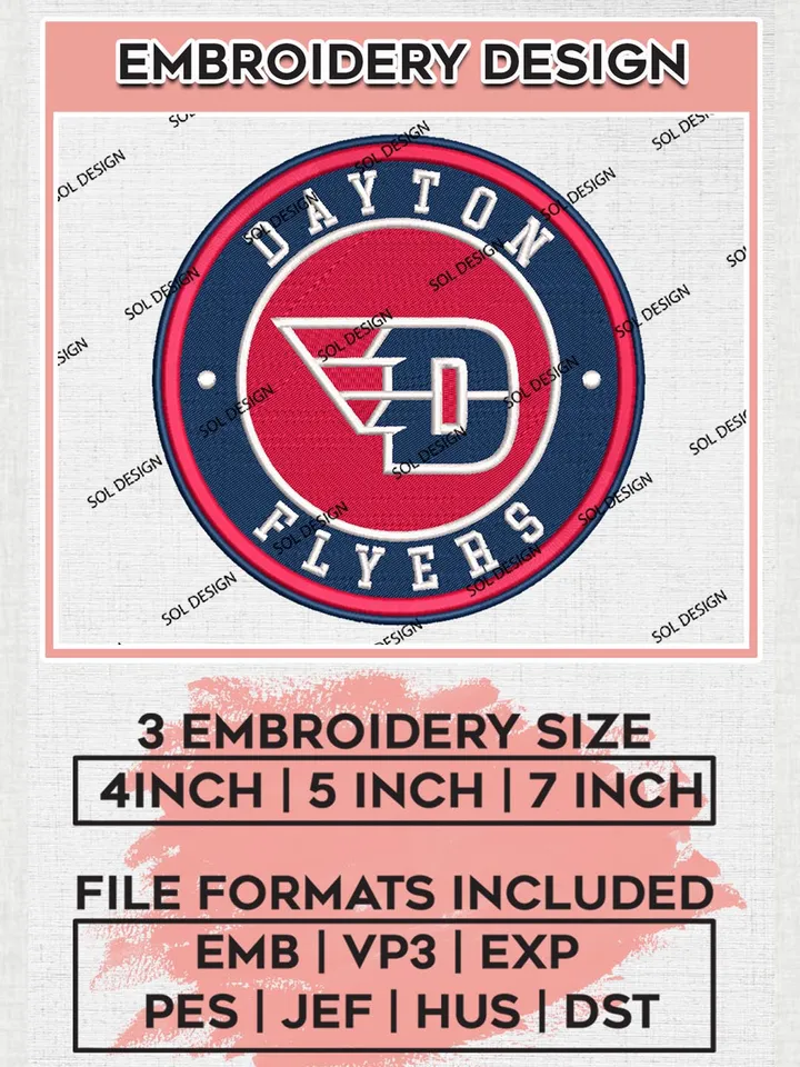 NCAA Dayton Flyers Round Logo Embroidery, NCAA Dayton Flyers Logo Embroidery files, NCAA embroidery designs, Machine embroidery designs, Digital Download