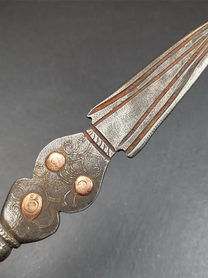 Gandhanra Tibetan Buddhism Ritual Implement Dorje Phurba(Kila Dagger),Dharma Ritual,Altar Tool,Made of Cold Iron inlaid Copper